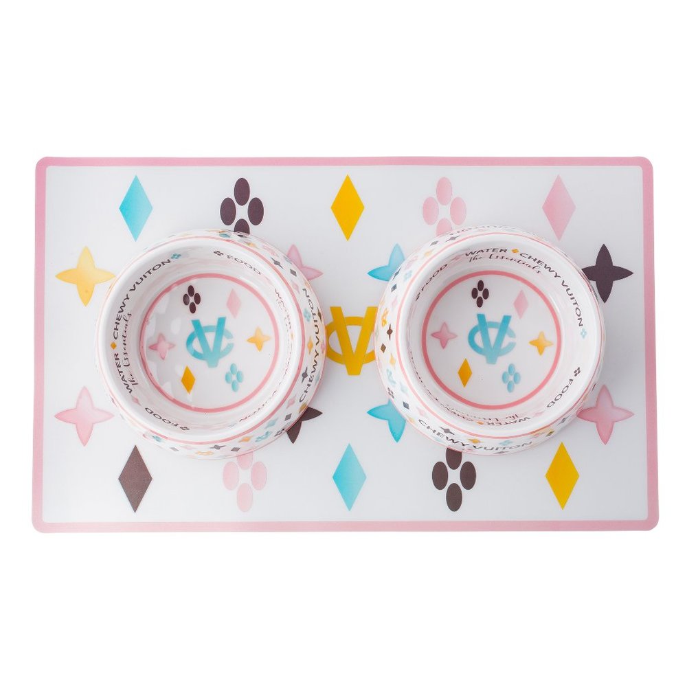 Chewy Vuiton white Dog bowls and placemat set